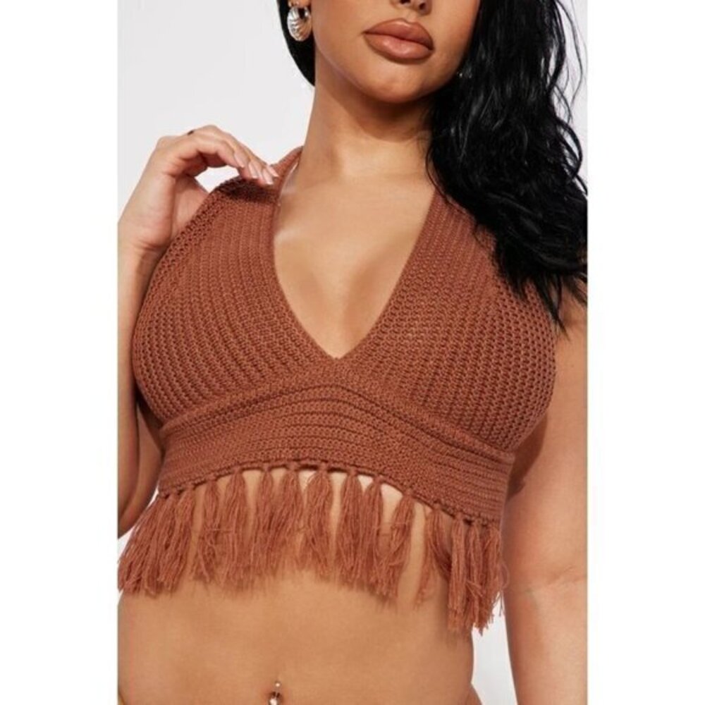 Almost famous the ultimate Boho Crochet Fringe Halter Top Brown Size Large RfFNB